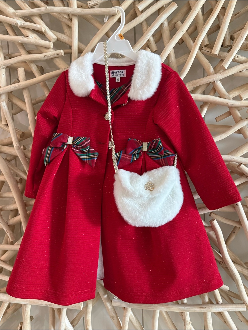 LIKE NEW! 3pc Girls Holiday Purse Faux Fur Collar Coat with Bow Accent Dress Set